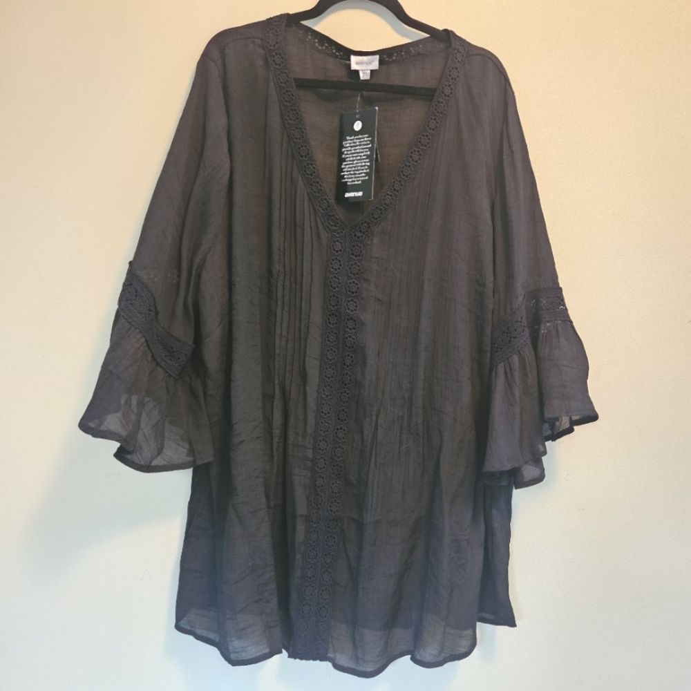 NWT Black Tunic Dress Women's Size 26/28 Lace Trim Trumpet Sleeves Viscose Blend
